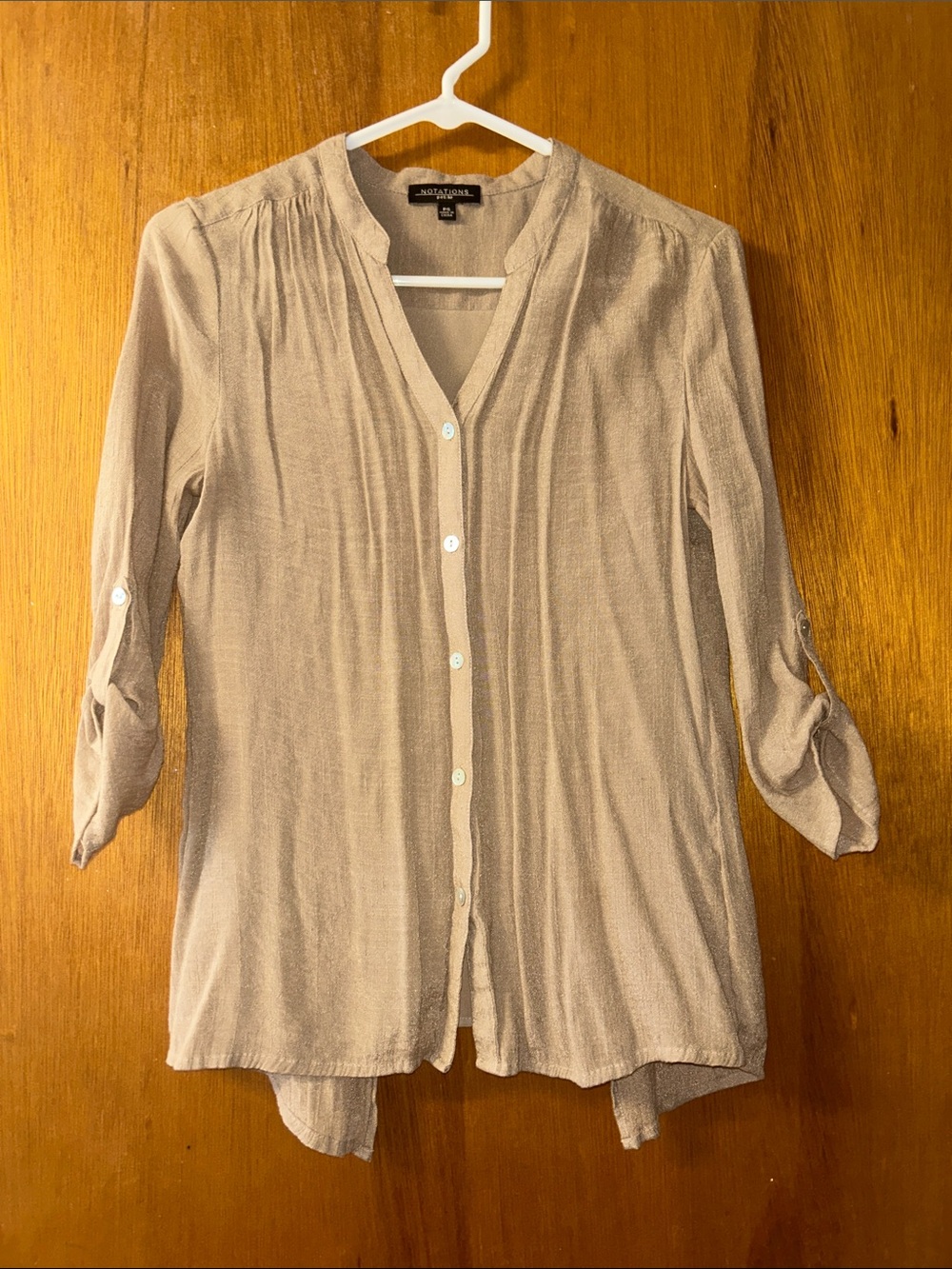 NOTATIONS Taupe Lightweight V-Neck Button-Down Blouse